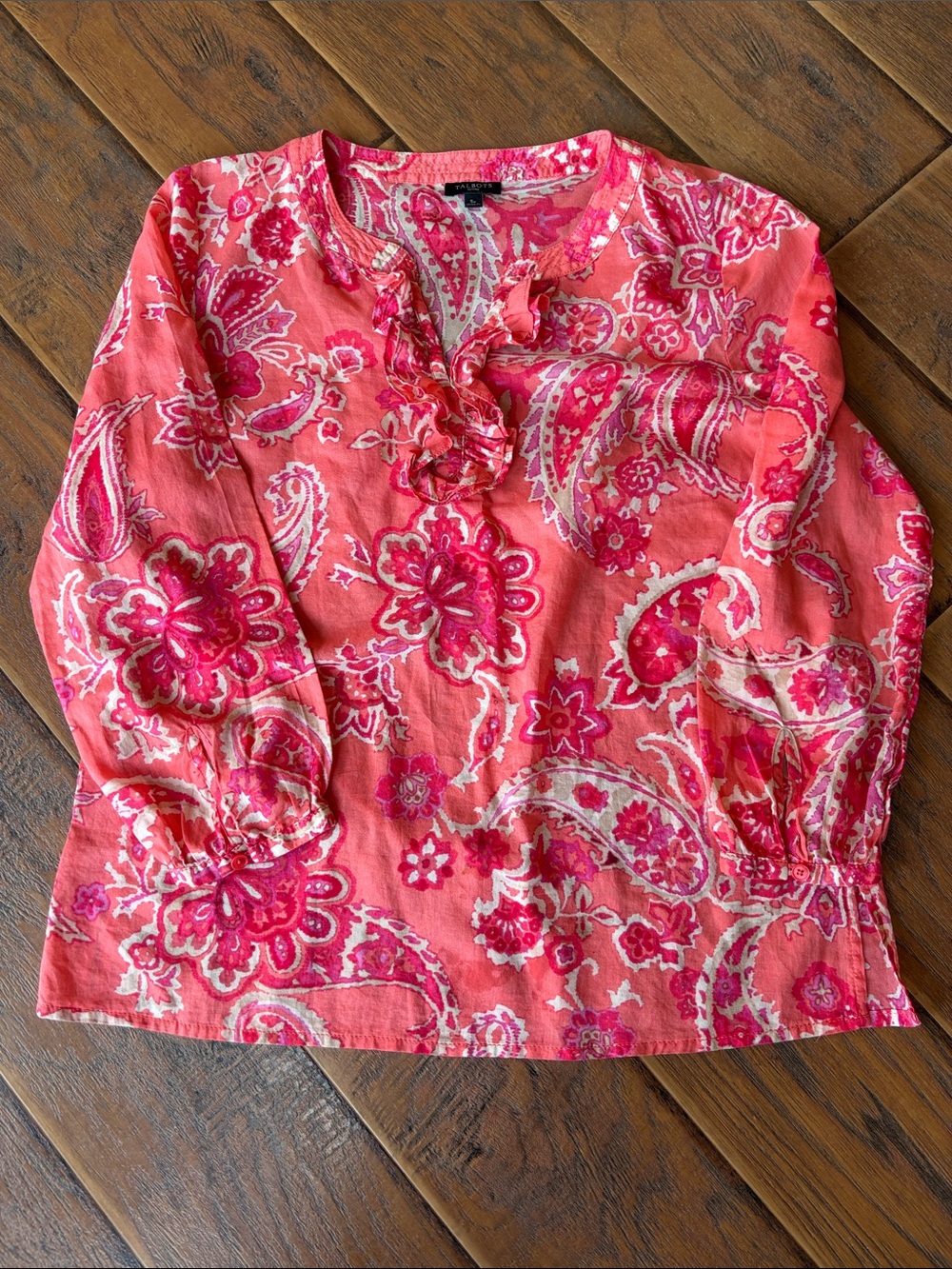 Talbots Coral Pink Paisley Ruffle-Neck Tunic - Size SP